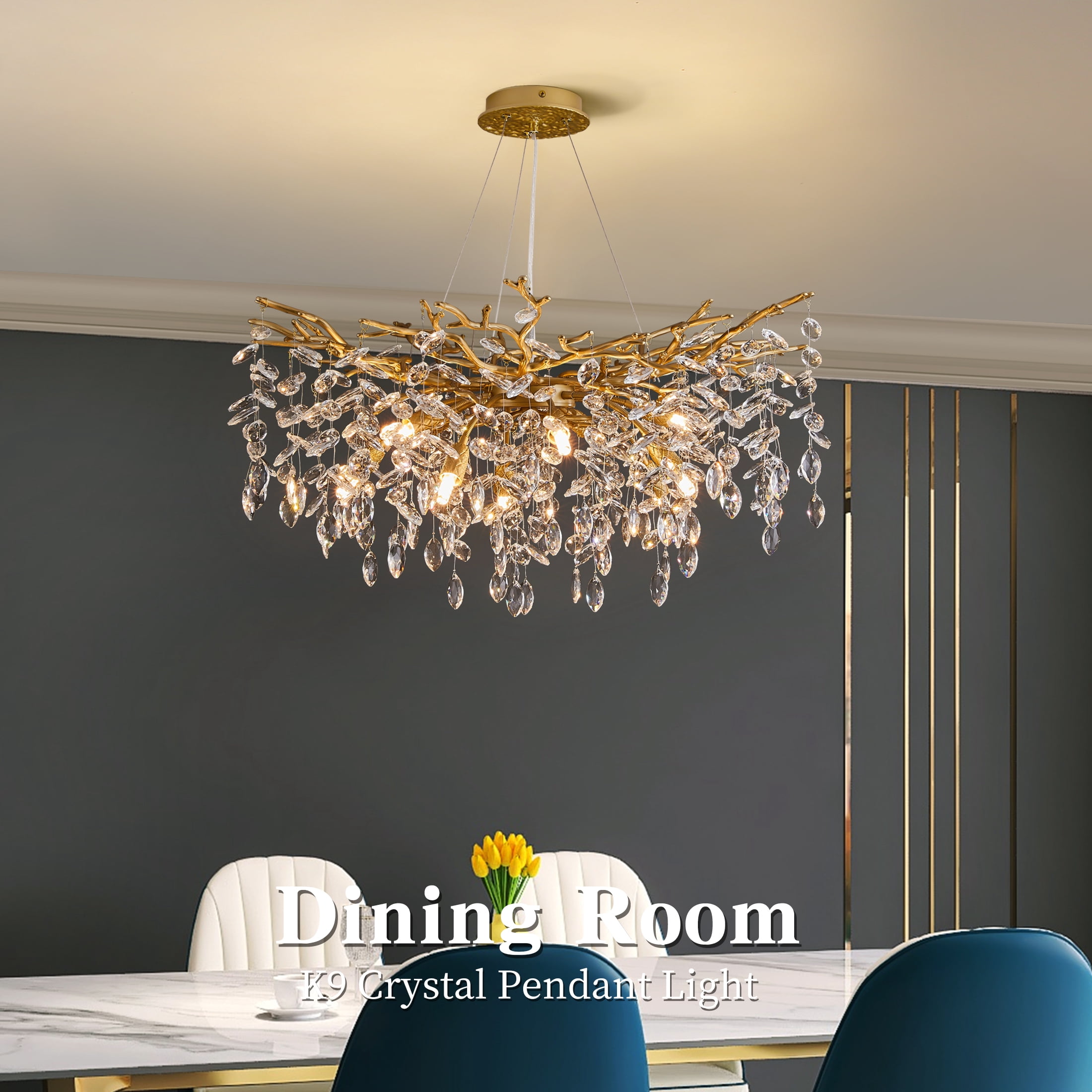 Modern Tree Branch Crystal Chandelier Luxury Gold Crystal Pendant Lighting 30" Contemporary 10-Light Chandeliers for Dining Room Kitchen Bedroom Living Room