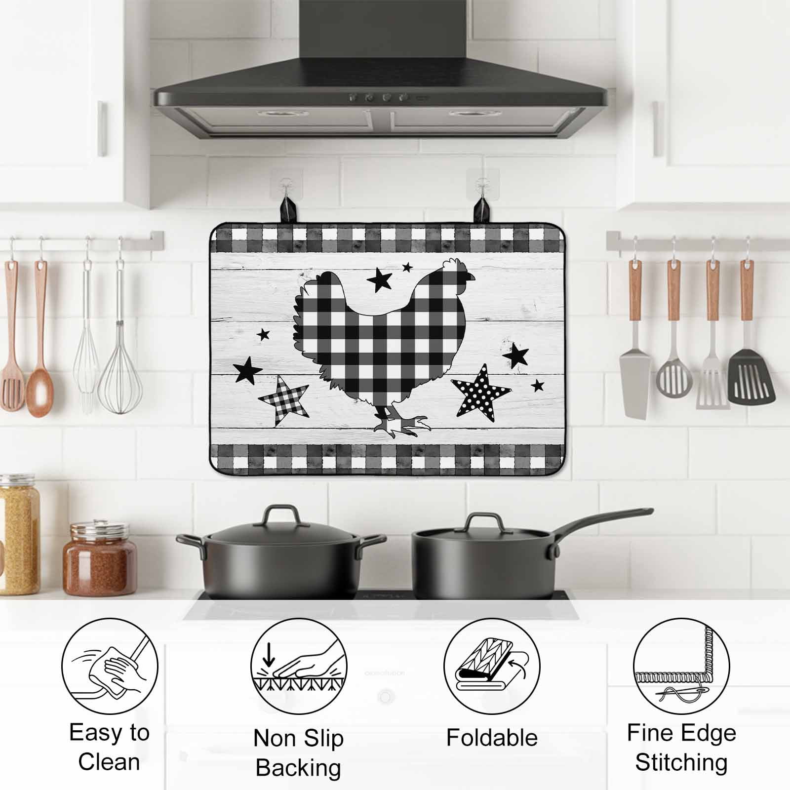 Chicken Hen Stove Top Cover for Electric Stove,Heat-proof & Non Slip Glass Top Stove Cover Protector,Rooster Animals Farmhouse Plaid Country White Wooden Kitchen Flat Cooktop Rubber Mat 24x21 Inches