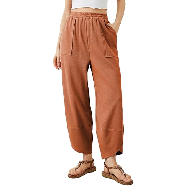 Pantalones harem holgados de pierna ancha para mujer - Cintura elástica, bolsillos laterales - Informales/playa/yoga - Tallas S-XL
