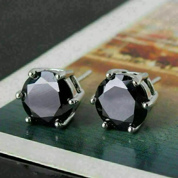 7MM 2Ct Round Lab Created Black Diamond Stud Earrings 14K White Gold Plated