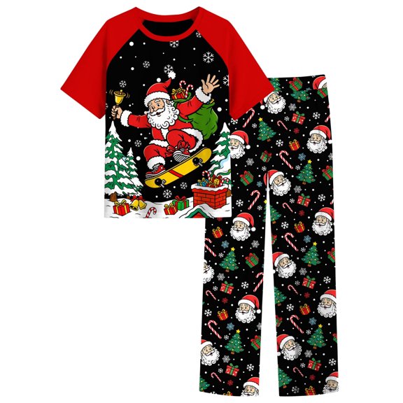 Aideaone Christmas Boys' Pajamas Set Short Sleeves Tops & Long Pants 2-Piece Printed Kid Sleepwear Pajamas Set for Boys 6-14Y