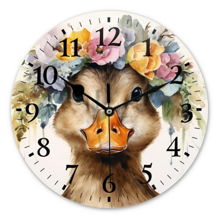 Battery Operated Analog Wall Clocks Non-Ticking Silent Modern Clock Decorative for Home,Office-Watercolor Painting Of Cute Duck With Flower Crown(10inch)