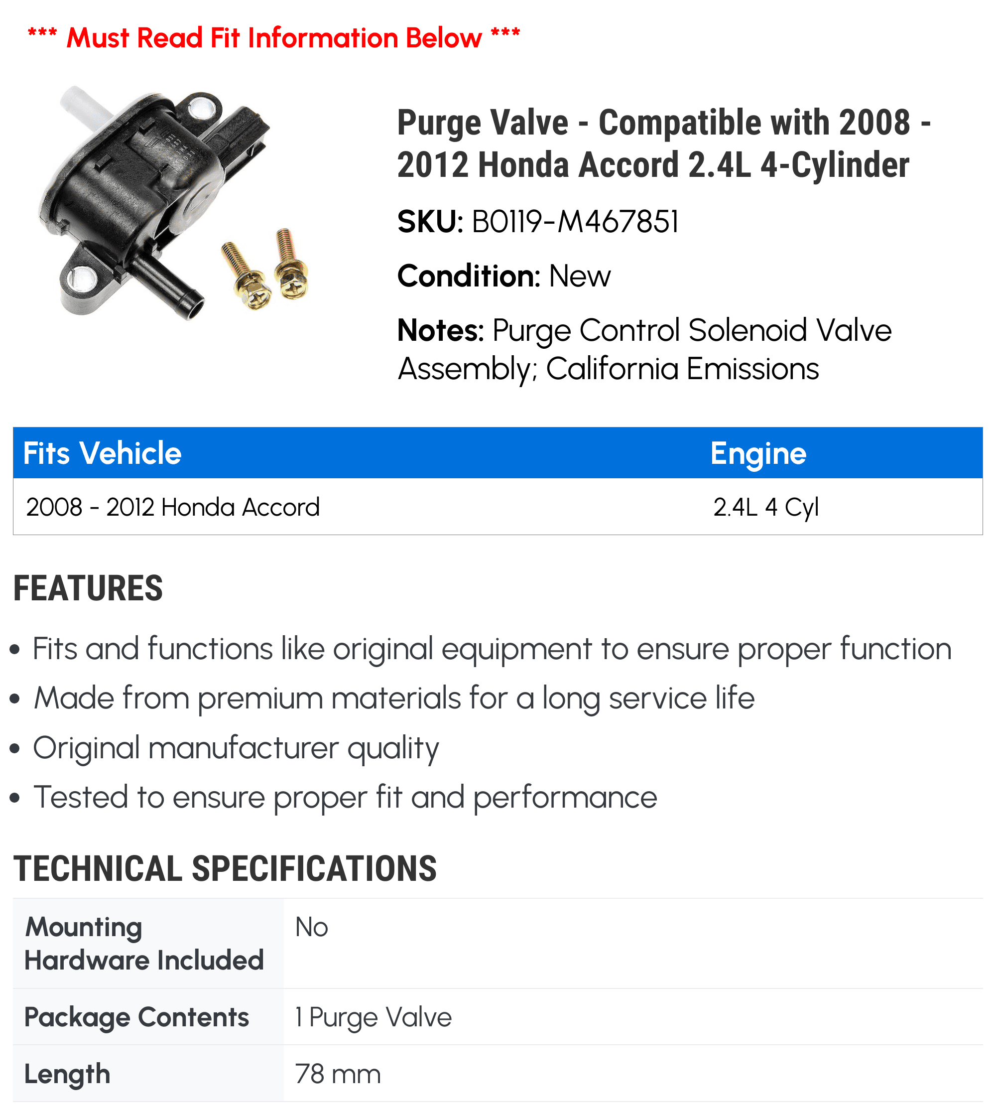 Purge Valve - Compatible with 2008 - 2012 Honda Accord 2.4L 4-Cylinder 2009 2010 2011