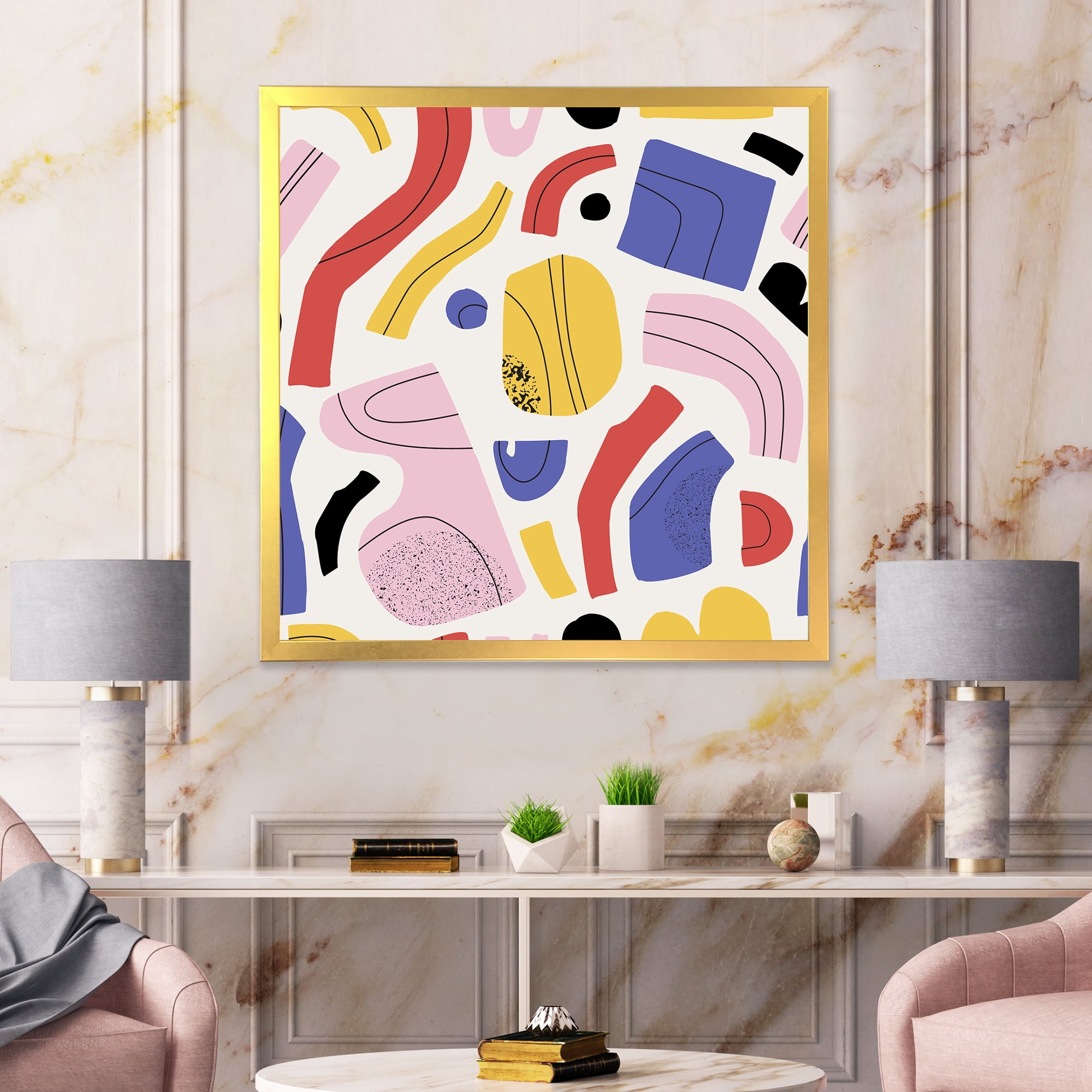 Designart 'Organic and Elements In Pink Yellow and Red' Modern Framed Art Print
