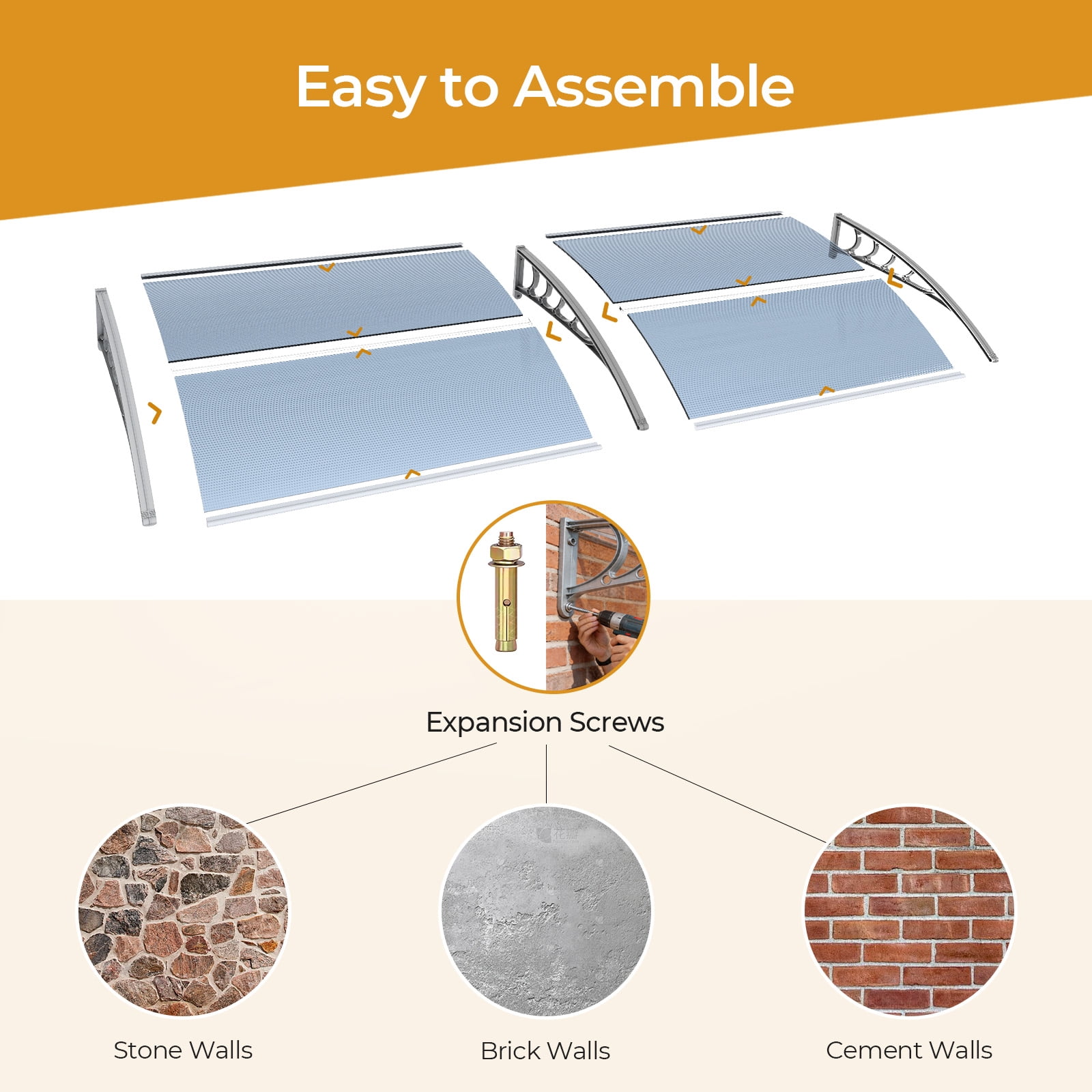 Clear Polycarbonate Door Window Awning, All Weather Rain UV Snow Protection Canopy with PP Bracket & Aluminum Reinforced Bar for Entryway AC Unit Patio Porch