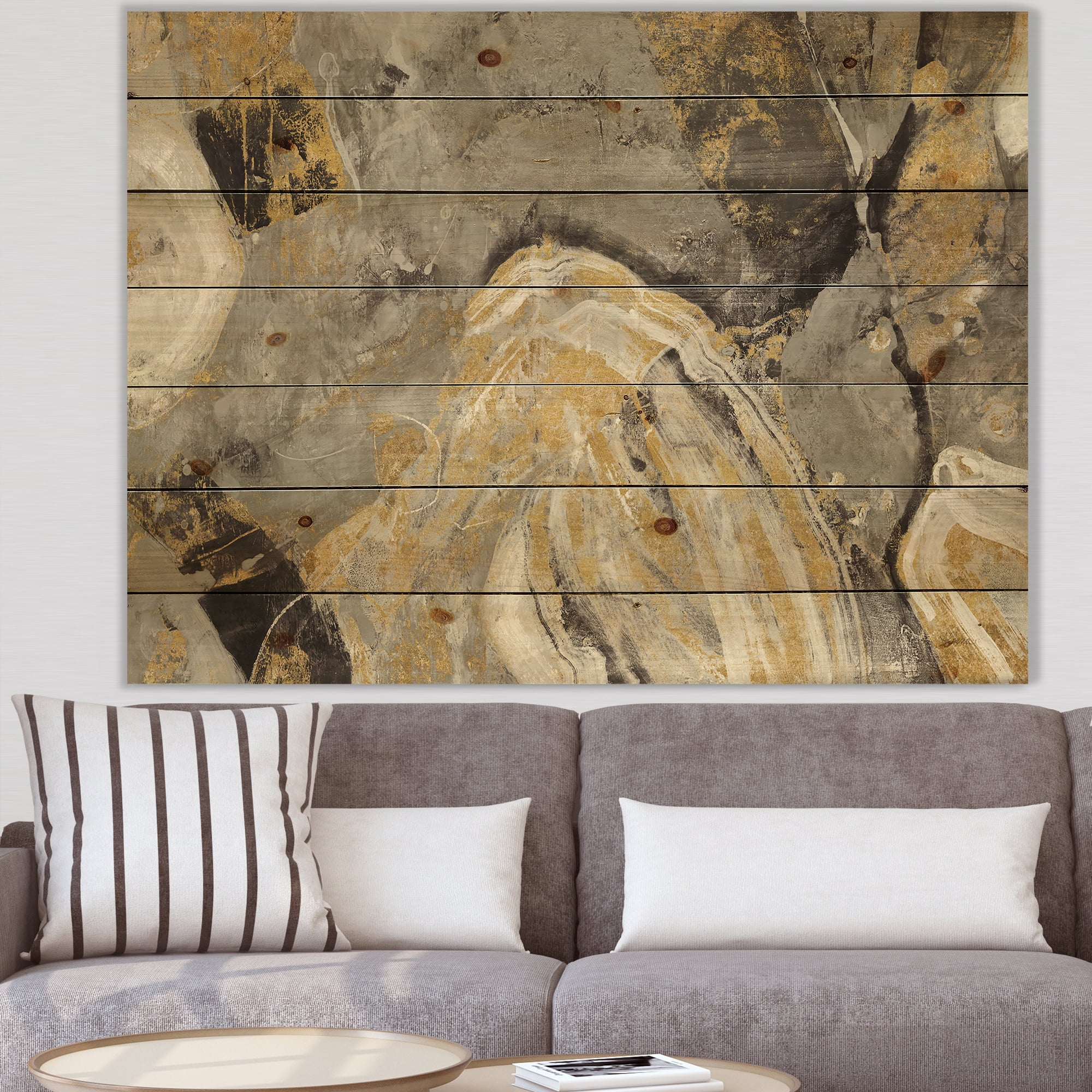 Designart 'Fractal Gold Stone' Cabin & Lodge Print on Natural Pine Wood