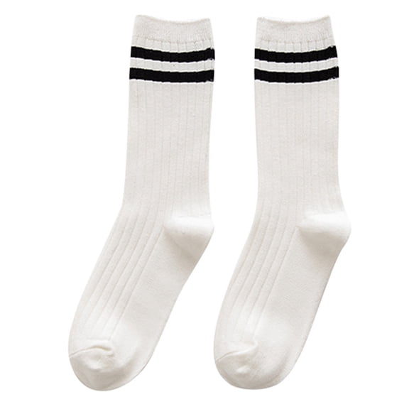 Telankuip 1 Pair Womens Striped Mid-Calf Socks Cute Retro Two Stripes Design Preppy Socks Vintage Funny Fashion Athletic Aesthetic High Socks Warm Comfy Gift for Women White A