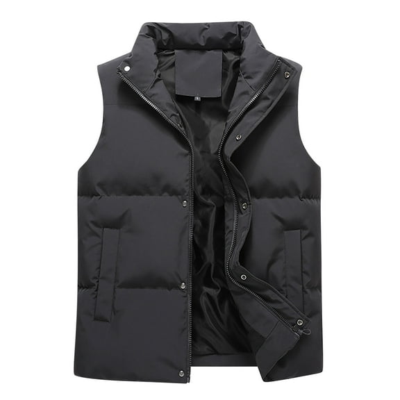 Dolkfu Mens Jackets Black Sleeveless Casual Solid Stand Collar Slim Puffer Vest Outerwear for Man L