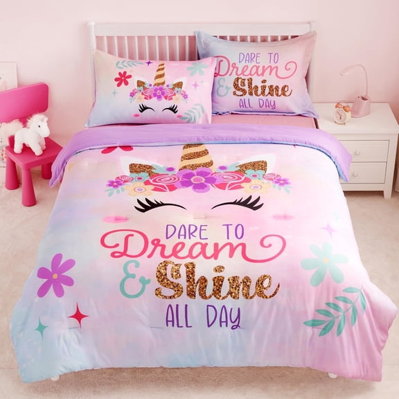 Joyfy Kids Twin Comforter Set 5pcs Unicorn Bedding Set for Girls, Super Soft Microfiber Bed in a Bag with Comforter, Sheets, Pillowcase & Sham for Kids Age 5