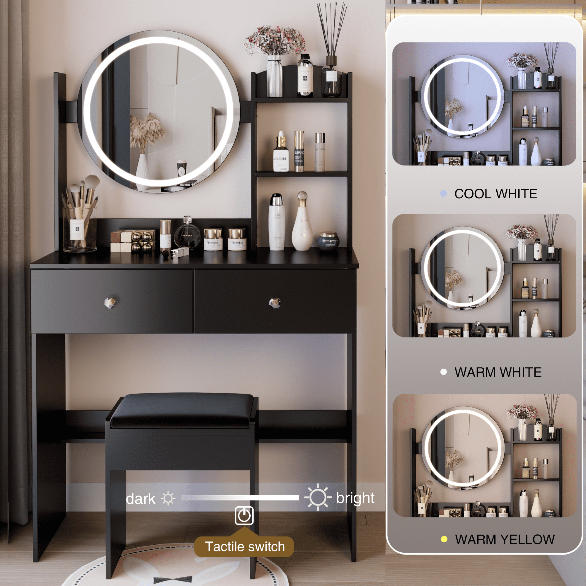 Leumius Makeup Vanity Desk with Mirror and Lights,Dressing Table with 2 Drawers,3 Color Lighting Brightness,Multi-layer High Capacity Storage Makeup Table for Bedroom,Black