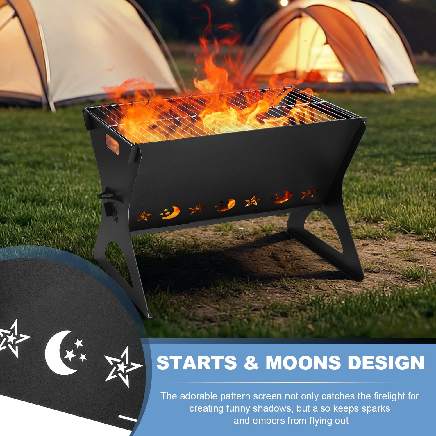 Walchoice 3Pcs Portable Charcoal Grill, Camping Campfire Grill with Carry Bag, Heavy-duty Mini BBQ Firepit for Camping, Backyard, Bonfire, Patio, Outdoor Cooking
