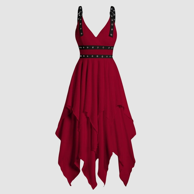 FEIFLY Women Solid Color Gothic Vintage Dress Halloween Irregular Sleeve  Strap Dress Plain Color Layered Dress Festival Clothing - Walmart.com