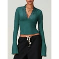 thumbnail image 5 of Elippeo Women's Fall Tops Slim Lace Trim Deep V Neck Bell Sleeve Crop Shirt Casual Streetwear, 5 of 9