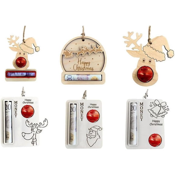 6pcs Christmas Themed Wood Money Holder Pendant Money Gift Xmas Tree Hanging Ornament