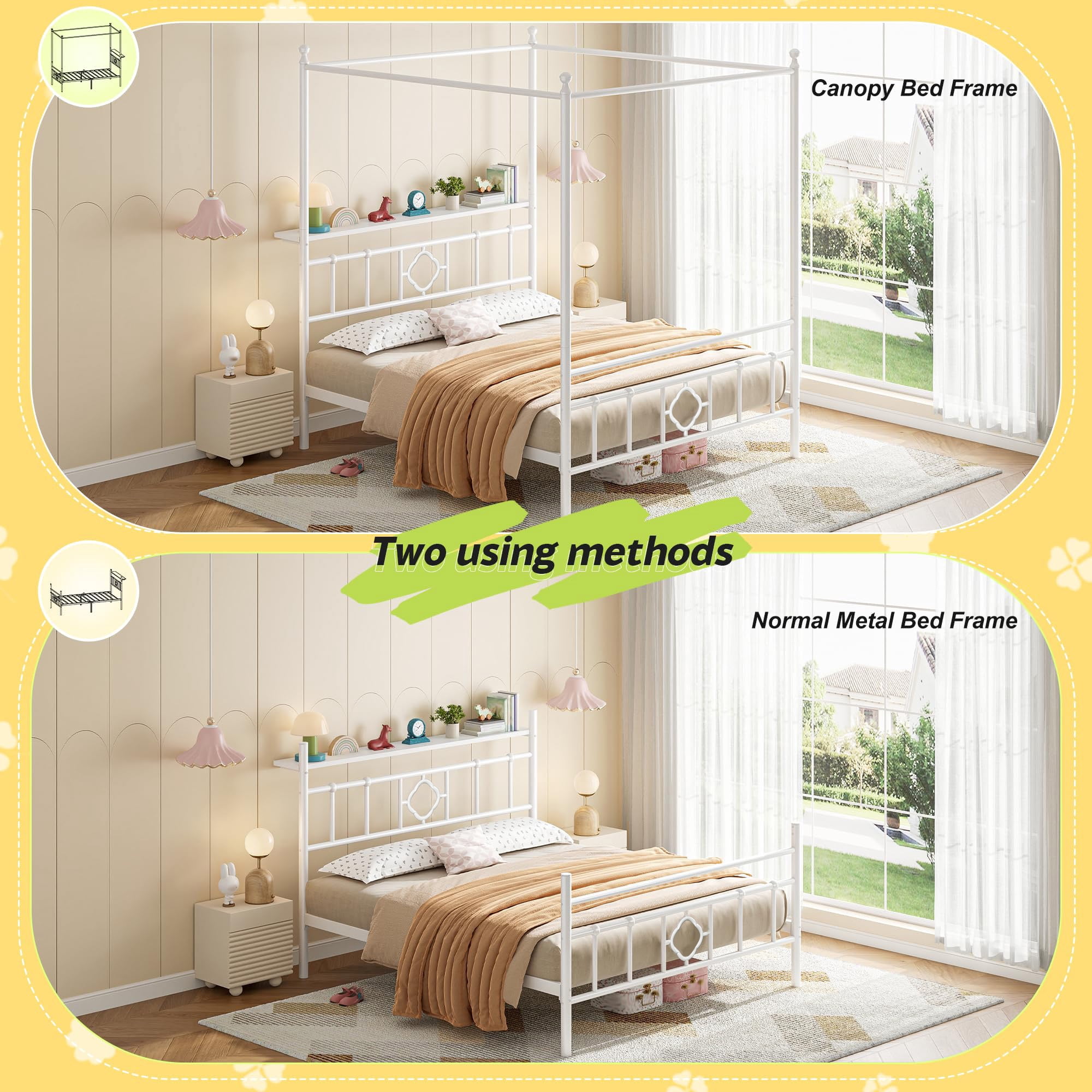 EnHomee Queen Size Canopy Bed Frame with Headboard Canopy Metal Bed Frame with 4 Removable Posts Platform Metal Canopy Bed, Curtain Not Included, White