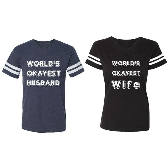 World Okyest Husband Wife Matching Couple Cotton Jerseys (Men Navy / Women Black) (Men S / Women S)