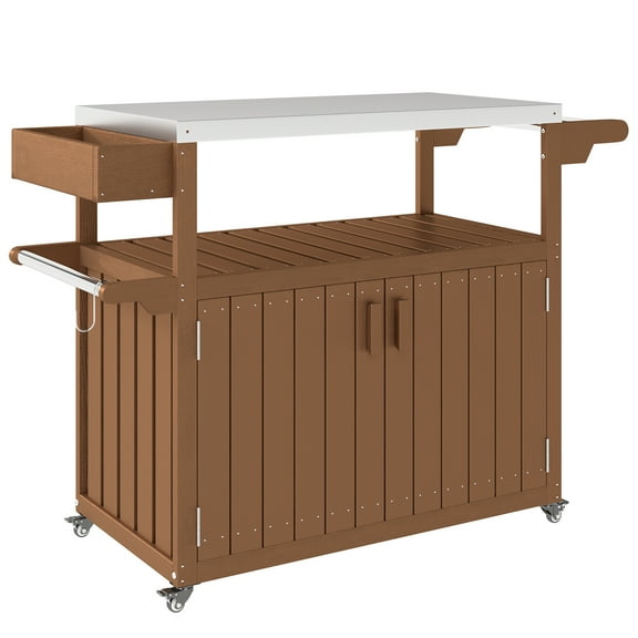 Homiyad Outdoor Bar Cart with Storage, Stainless Steel Outdoor Bar Table Top, Wheeled HDPE Kitchen Island for Food Prep, Brown