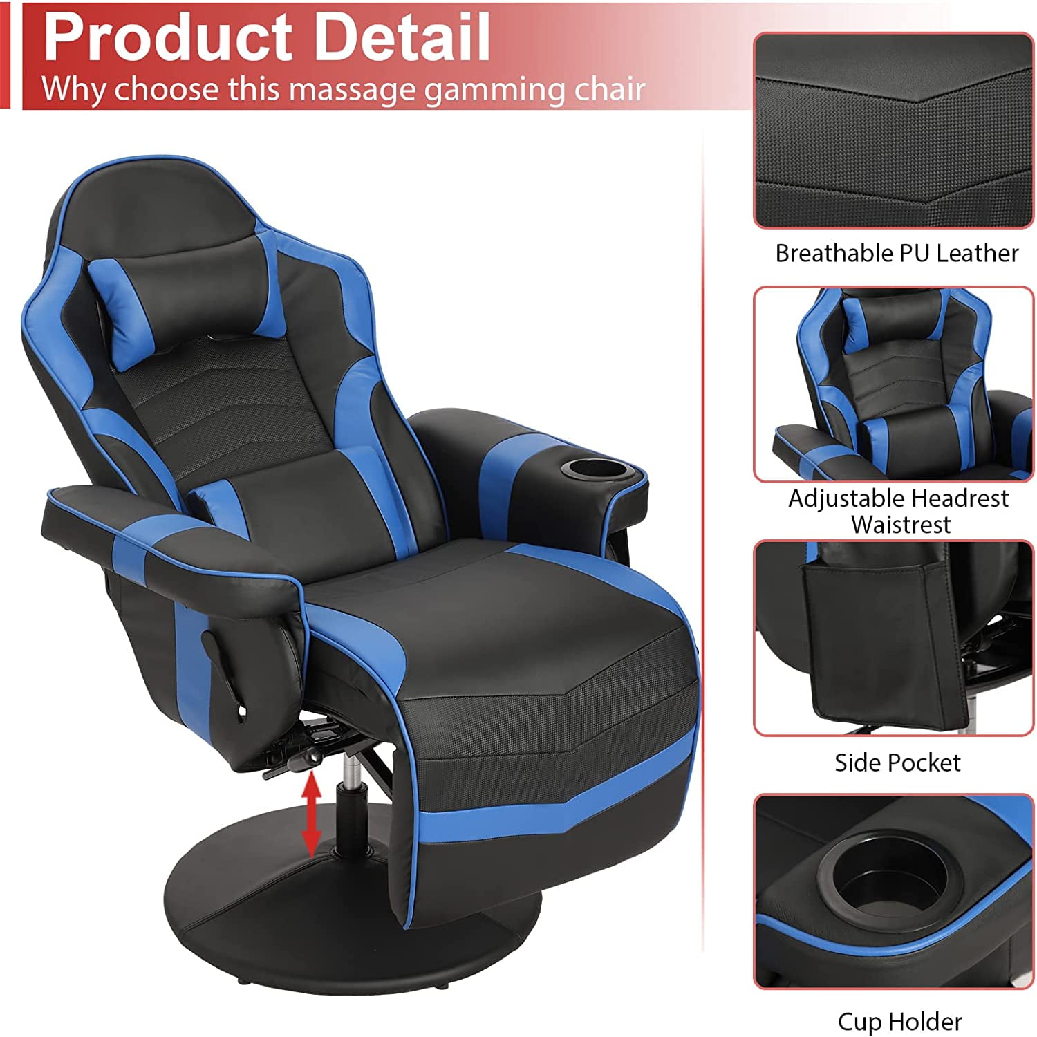 Massage Gaming Chair Reclining Video Game Chair Ergonomic Office Chair Height Adjustable Gamer Chair with Headrest and Lumbar Support PU Leather High Back Swivel Computer Chair