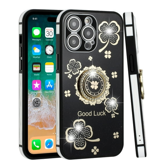 For Apple iPhone 14 Pro Max Fashion Bling Glitter Good Luck Floral Design Sparkly Rhinestone Hybrid with Ring Stand Cover ,Xpm Phone Case [ Flowers Black ]