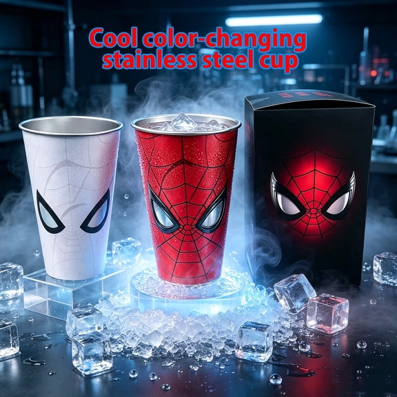 Spider Hero Color Changing Cold Drink Cup, 500ML Cold Activated Color Changing Stainless Steel Cup, Glow In Dark Reusable Tumbler, Novelty Fan Gift for Home Outdoor Use