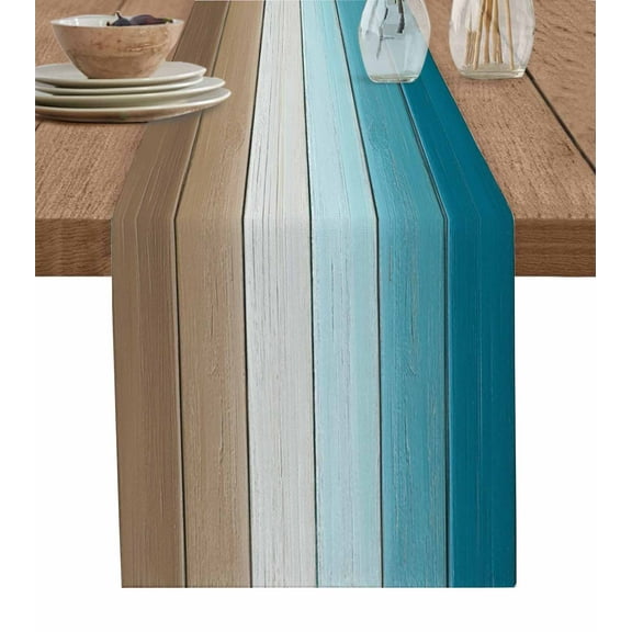 Ombre Turquoise Brown Wood Table Runners 72 Inches Long, Cotton Linen Fabric Table Runner Dresser Scarf, Gradient Country Rustic Grain Tablerunner for Party/Kitchen/Dinner/Wedding Decor 13''x72''