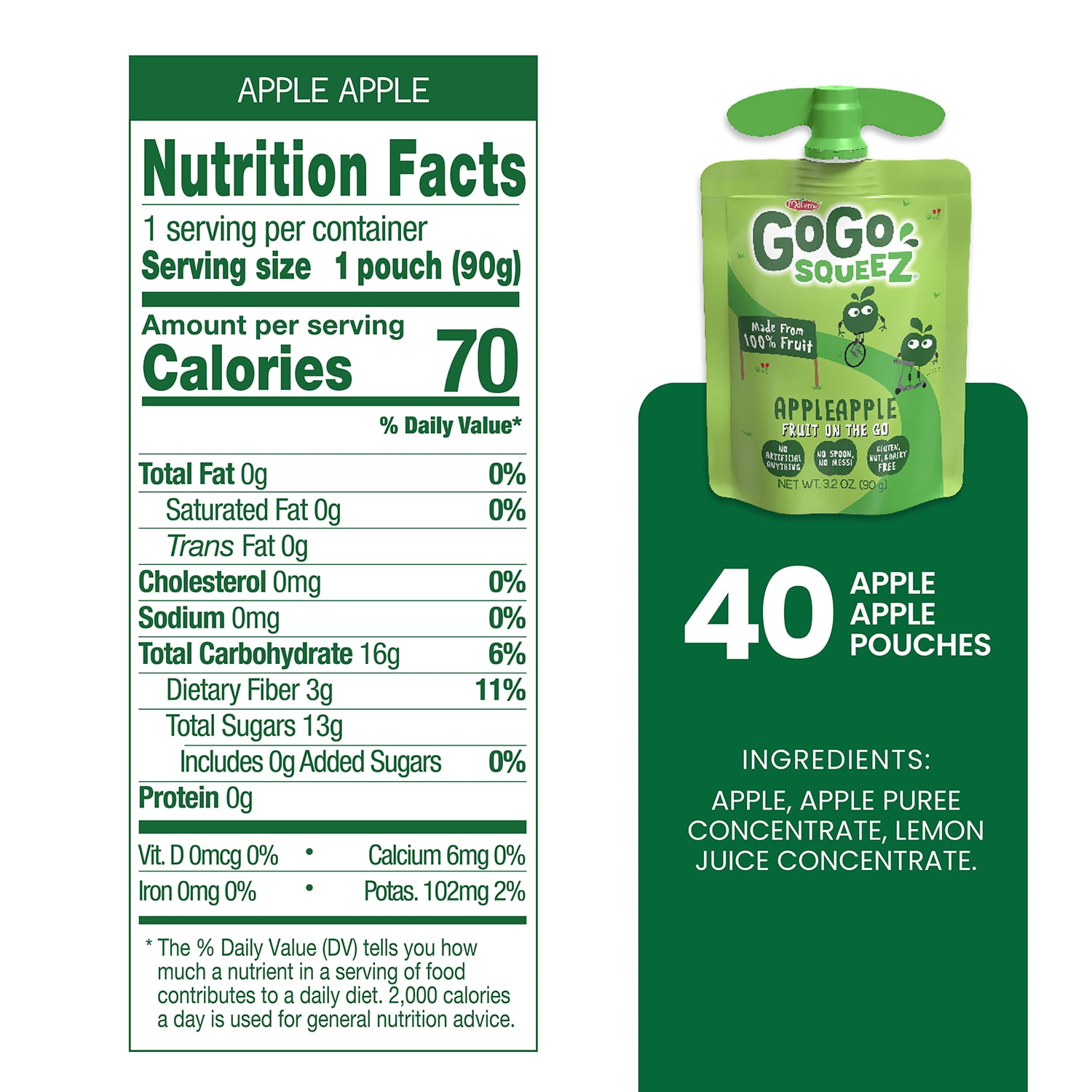 GoGo squeeZ Applesauce and Fruit Puree, Apple Apple Snack Pouches, 3.2 oz, 40 Pack