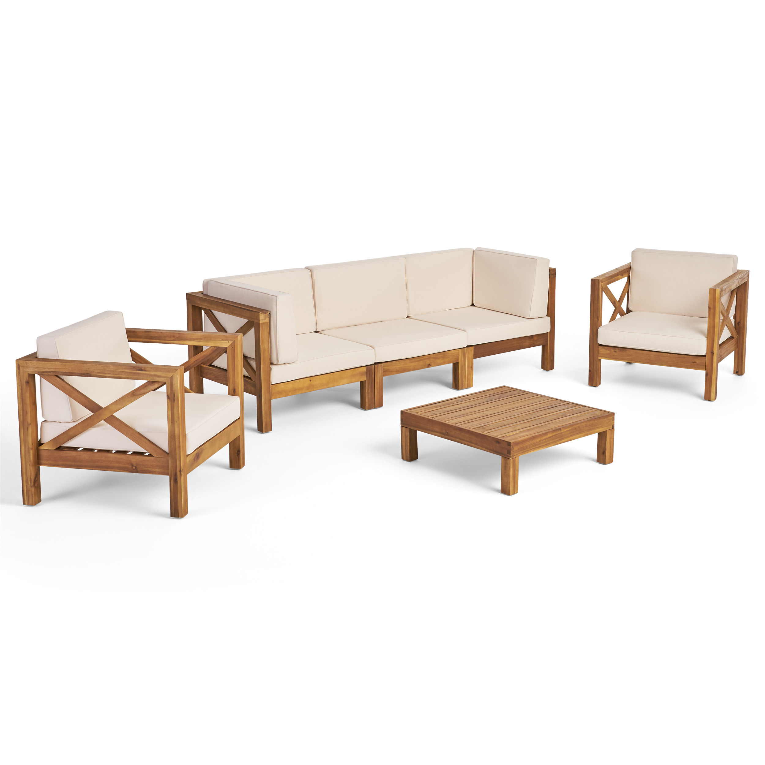 GDF Studio Outdoor 5 Seater Acacia Wood Sofa Chat Set, Teak