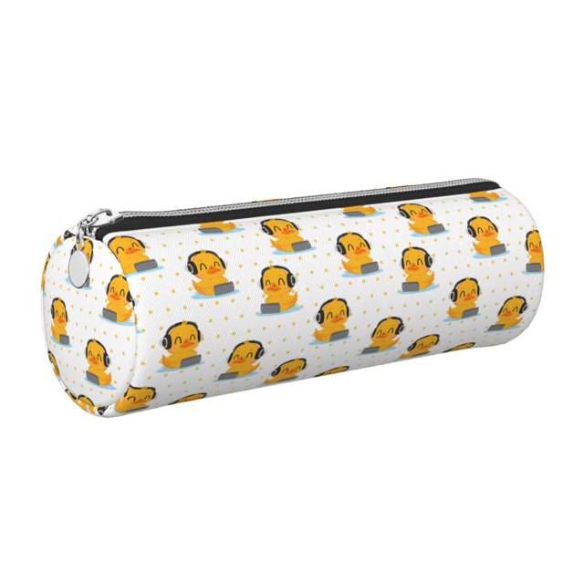Disketp Cute Duck With Headphone Estuche Organizador de Lápices de Cuero, Estuche de Oficina con Cremallera para Bolígrafo y Lápiz