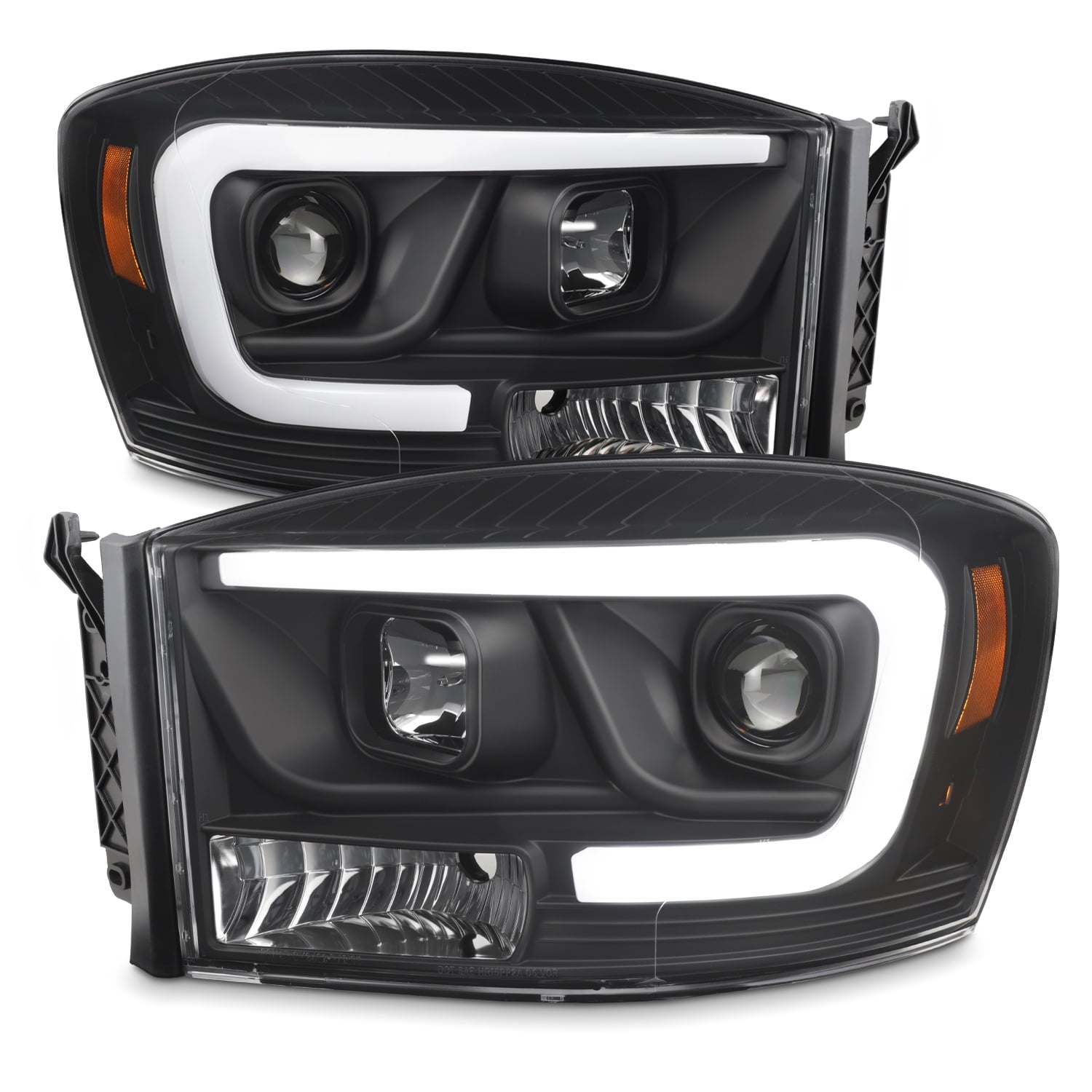 Pair Black Housing Amber Side LED Strip DRL Headlight Lamps Compatible with Dodge Ram 1500 2500 3500 06-09 
