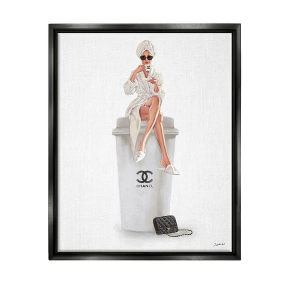 Stupell Industries Morning Brunch Glam Girl Sipping Coffee Graphic Art Jet Black Floating Framed Canvas Print Wall Art, Design by Ziwei Li