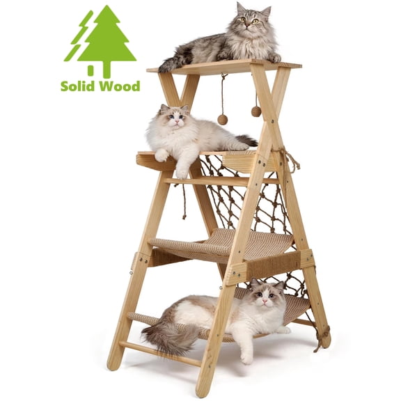 VGBYUJ Cat Tree Tower for Large Cats, 43.3" Multi-Level Wooden Cat Hammock & Sisal Scratching Posts Cat Condo, Outdoor Indoor Activity Center