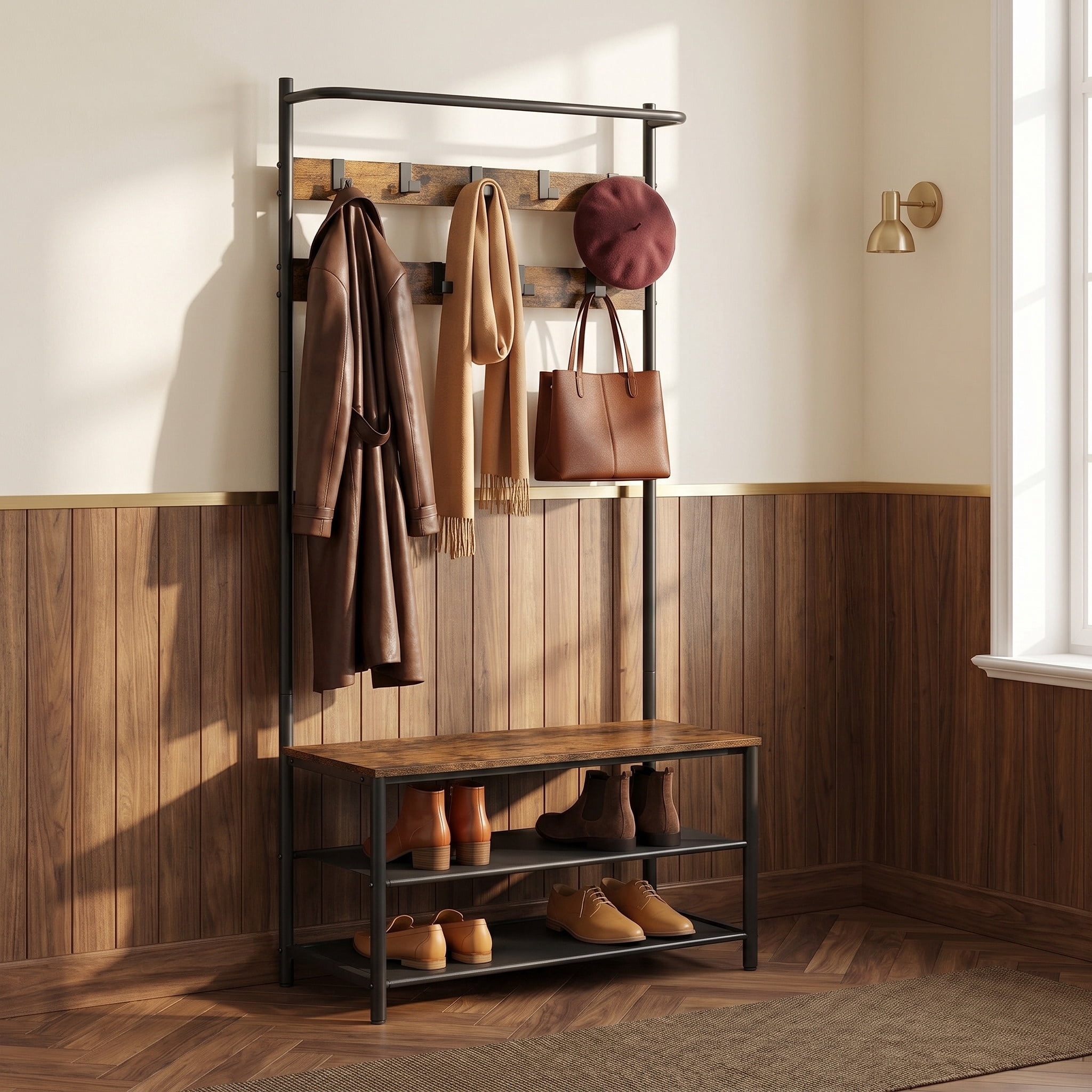 Nordic Hygge3-in-1 Industrial Hall Tree with Shoe Storage Bench, Rustic Walnut & Black