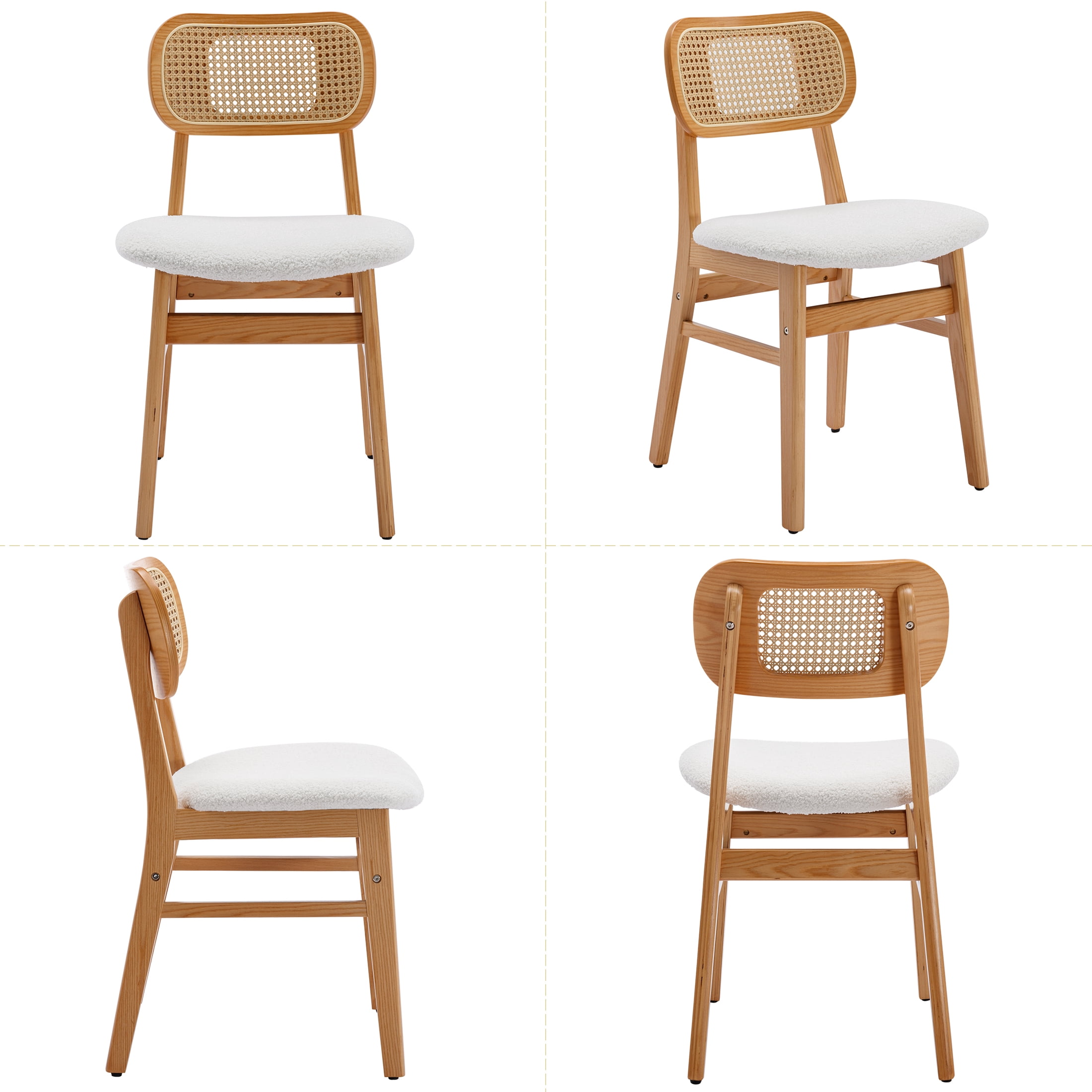 Guyou Rattan Dining Chairs Set of 4, Farmhouse Natural Wooden Dining Side Chairs, Mid Century Modern Sherpa Upholstered Kitchen Chairs with Cane Back for Dining Room Kitchen Living Room, Beige