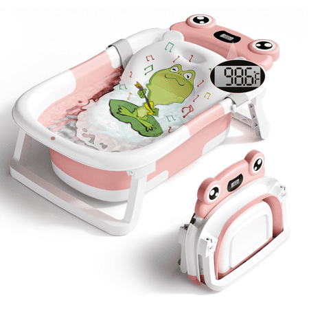 stusgo Collapsible Baby Bathtub Plastic Frog Baby Bath Tub with Soft Cushion & Thermometer(Pink)
