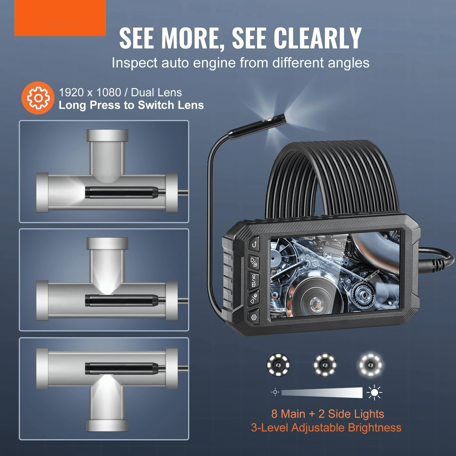 Endoscope Camera with Light, 16.4FT Borescope, 5" IPS Screen 1080P, Triple Lens, 8+2 LED, IP67 Waterproof, for Automotive Plumbing HVAC Inspection