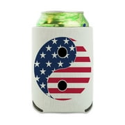 USA Patriotic Yin and Yang American Flag Can Cooler - Drink Sleeve Hugger Collapsible Insulator - Beverage Insulated Holder