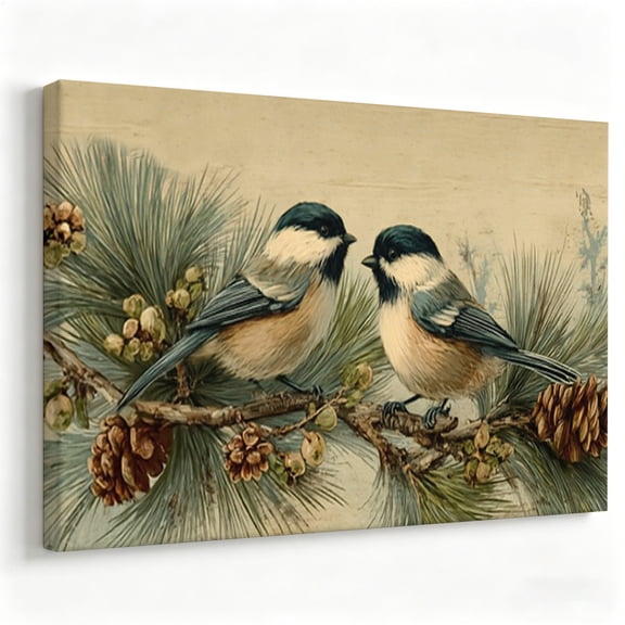 Two Chickadees on Pine Branch Canvas Wall Art Vintage Nature Oil Painting Rustic Bird Poster Living Room Farmhouse Decor Print Ready to Hang 8*12