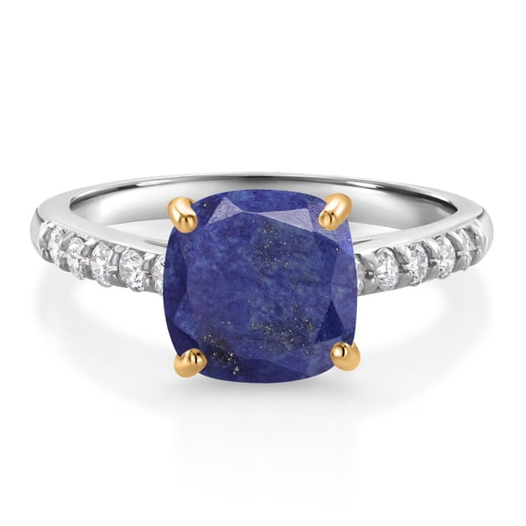 Gem Stone King 925 Sterling Silver and 10K Yellow Gold Blue Lapis and White Lab Grown Diamond Engagement Ring for Women (2.20 Cttw, Cushion 8MM, Gemstone Birthstone, Size 9)