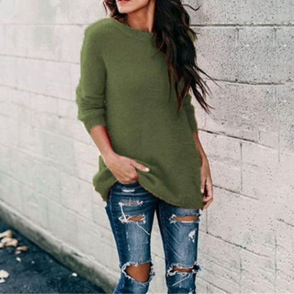 Women's Oversized Long Sleeve Crewneck Fuzzy Knit Warm Sweaters 2025 Fall Pullover Sweater Tops Army Green 4XL