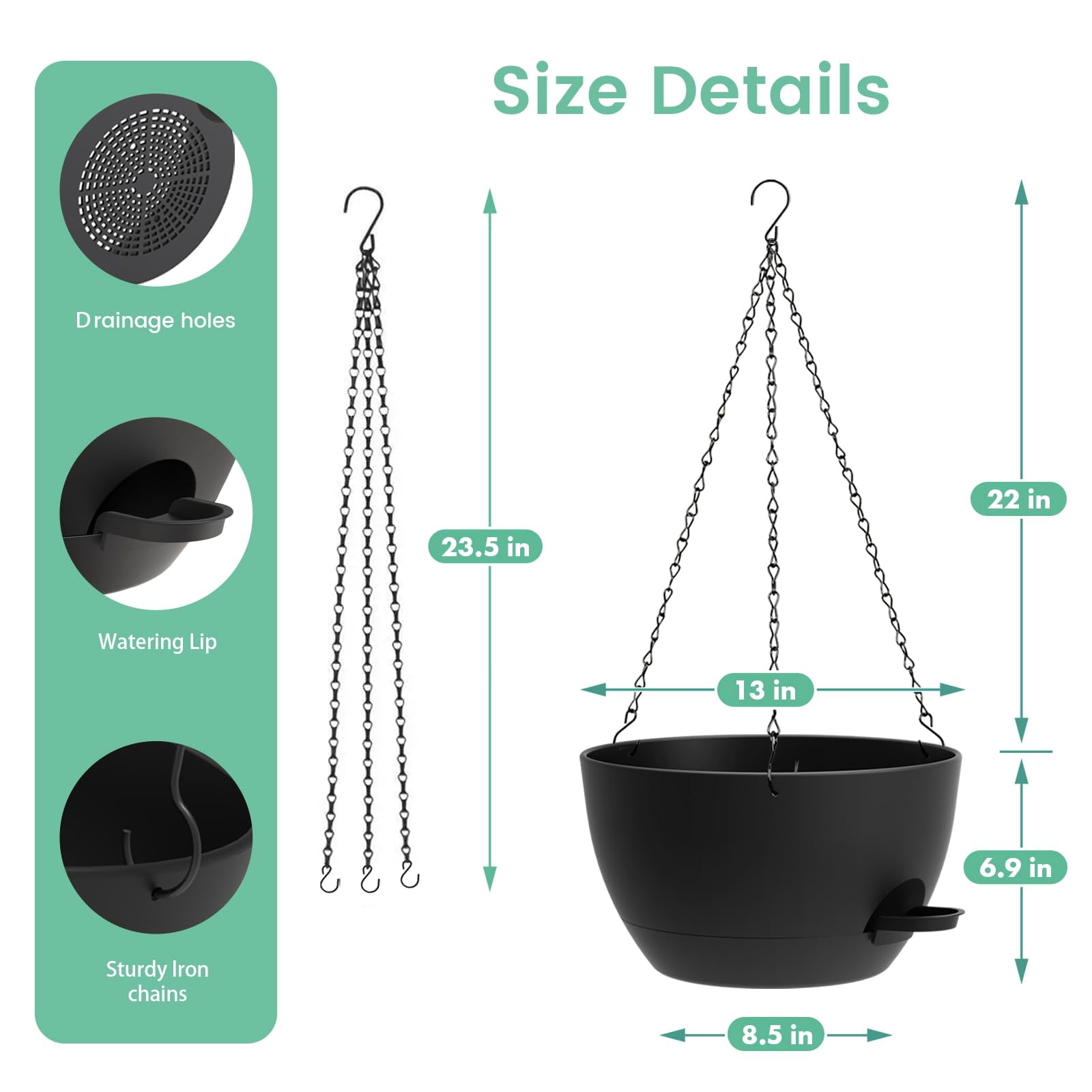 13 Inch 2 Pack Large Self Watering Hanging Planters For Indoor Outdoor Plants  Plant Pots With Removable 50 Oz Reservoir Plastic Basket Window Porch Garden Balcony Black