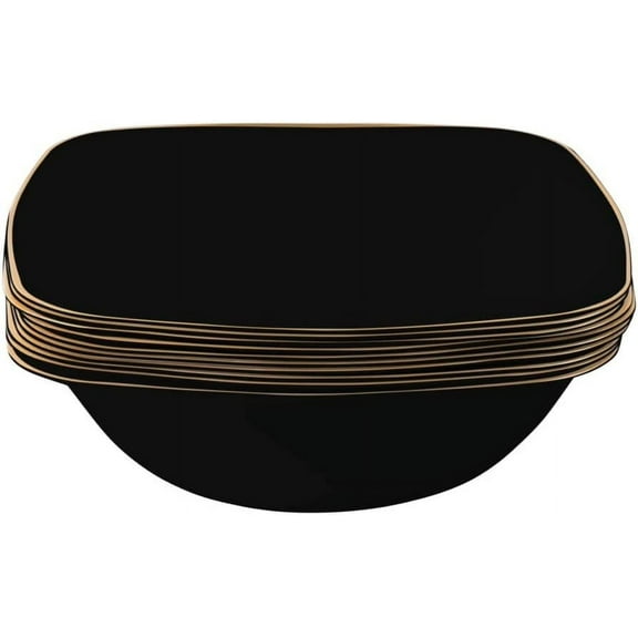 (10 PACK) EcoQuality 16 oz Black Plastic Square Bowls with Gold Rim - Disposable Plastic Soup Bowls, Heavy Duty Plastic Salad Bowls, Dessert Bowl for Baby Showers, Weddings, Birthday Party