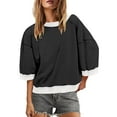 thumbnail image 2 of THDHVS Hoodies for Women,Womens Hoodies,Womens Crewneck Short Sleeve Sweatshirt 3/4 Sleeve Tops Color Block Oversized Sweatshirt Shirts Black S, 2 of 8