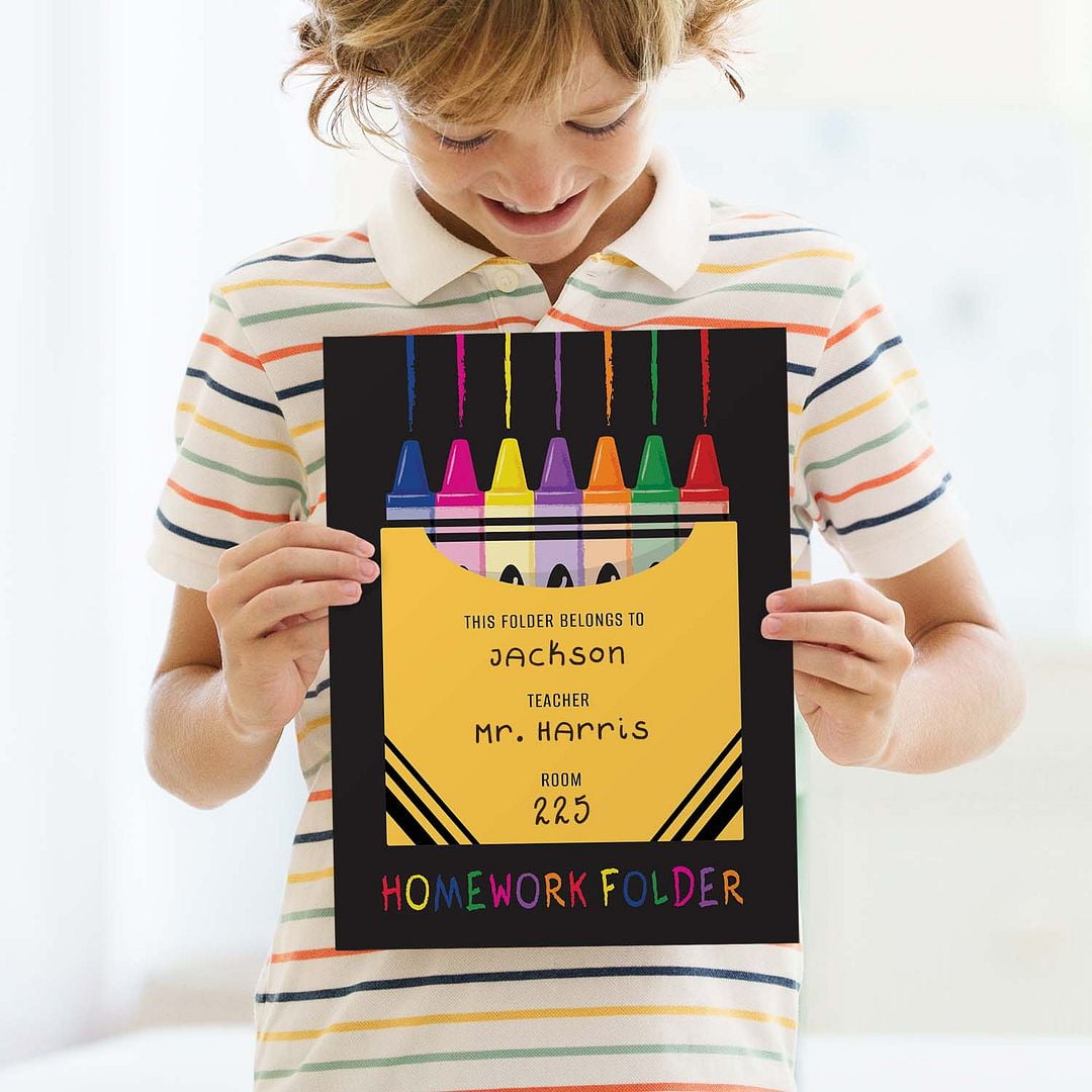 Colorful Crayon Box Homework Folders / 25 Vibrant Classroom Student Folders / 9" x 12" School Teacher 2 Pocket Organizational Black Desk Folder Pack / Made In The USA