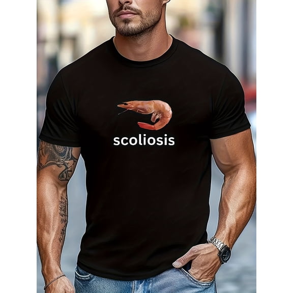 Funny Scoliosis Shrimp Graphic Tee Men's Retro Humorous Sarcastic Black Cotton Short Sleeve T-Shirt