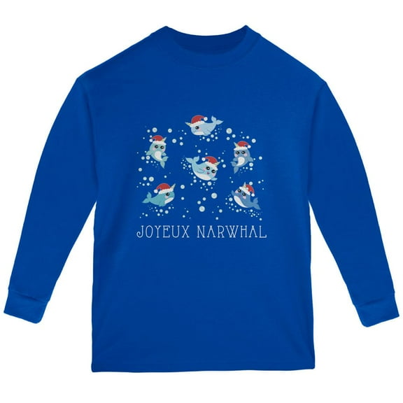 Christmas Joyeux Narwhal Noel Youth Long Sleeve T Shirt Royal YLG