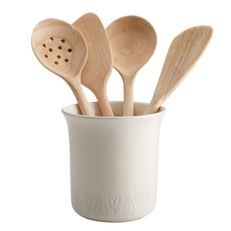 Ayesha Curry 4 Piece Collection Parawood Cooking Tool and Ceramic Crock Set