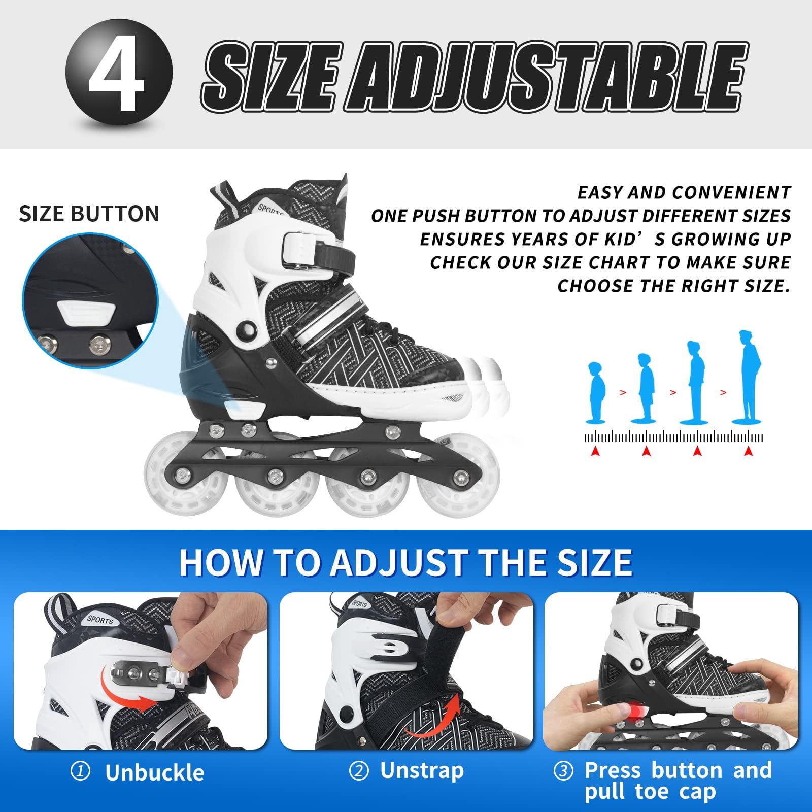 MammyGol Adjustable Inline Skates for Kids with Light-Up Wheels - Youth Teens Roller Skates for Beginners Boys Girls, Outdoor Recreational Skates Black 5-8