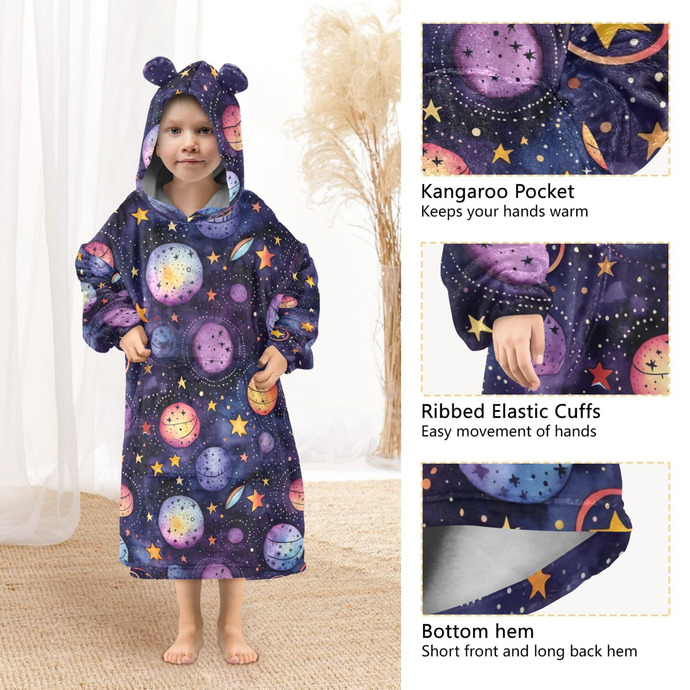 Dailycode Wearable Blanket Hoodie Oversized Sherpa Flannel Blankets with Pocket for 3-14 Year Old Cartoon Planet and Star