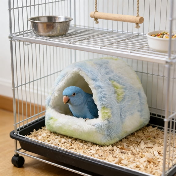 Winter Warm Parrot Hammock Hanging Bed, Soft Plush Bird Hut with Straps, Cozy Fleece Nest for Small to Medium Birds, Blue