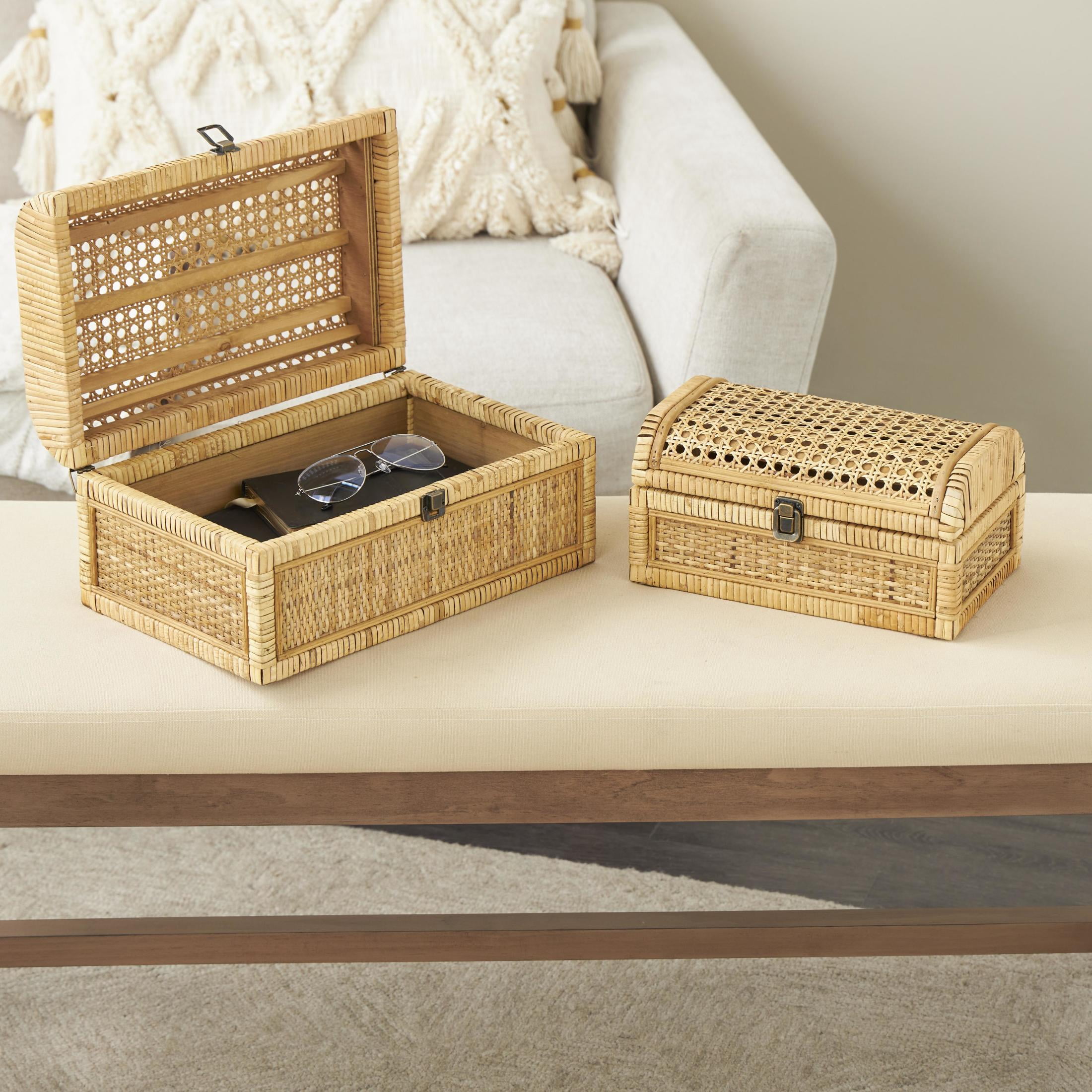 DecMode Handmade Woven Storage Brown Rattan Decorative Box with Curved Tops and Wrapped Edges, 2 Count